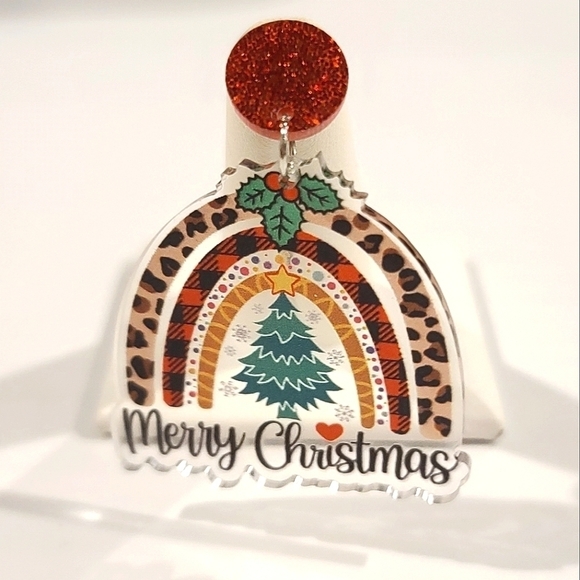 Leopard Print Plaid Merry Christmas Rainbow Dangle Fashion Earrings - Picture 9 of 10